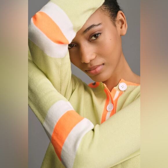 By Anthropologie Women’s Sporty Cardigan Sweater Light Green Neon Orange Stripe - Picture 3 of 13